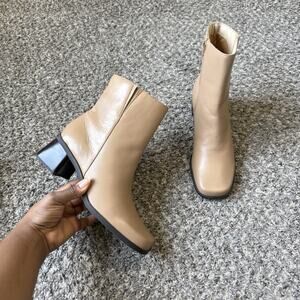 VTG Block Heel Mid Calf Boots 8.5 M Tan Brown Leather Square Toe 90s Y2K New